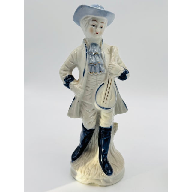 Victorian Vintage 8" Blue and White Porclain Musician Figurines With Gold Trim For Sale - Image 3 of 15