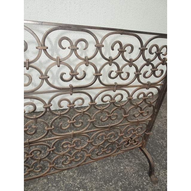 Metal Vintage French Country Black Wrought Iron Fireplace Screen W Spear Tip Finials For Sale - Image 7 of 12