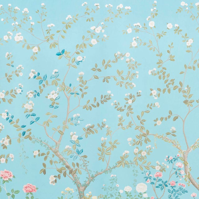 Schumacher X Miles Redd Madame De Pompadour Wallpaper in Aqua - 104"w For Sale