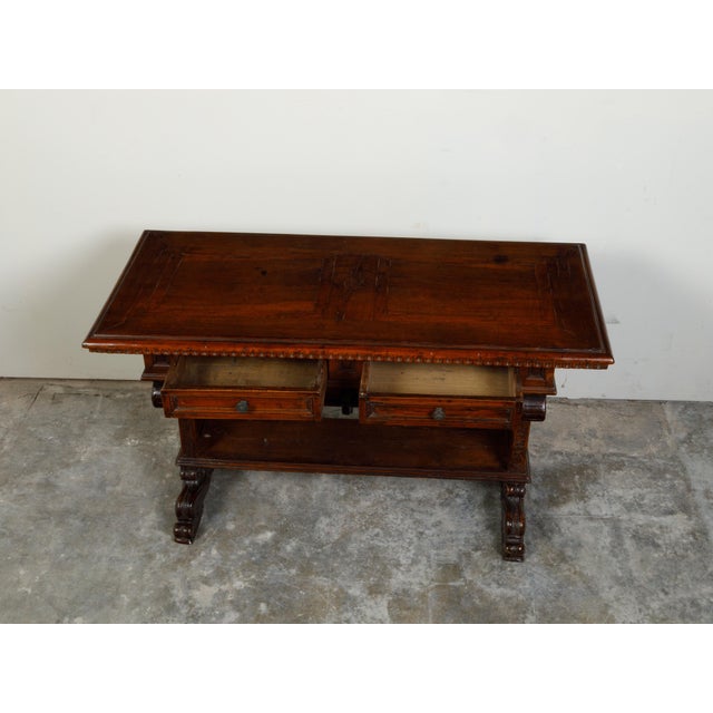 Brown Italian 1800s Walnut Trestle Base Table with Two Drawers and Carved Motifs For Sale - Image 8 of 12