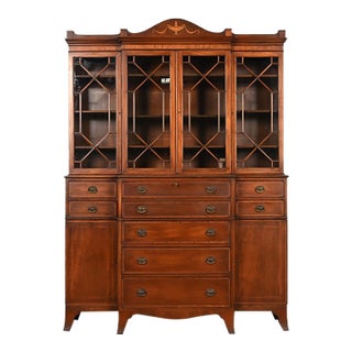 Baker Furniture Style Federal Carved Mahogany Breakfront Bookcase Cabinet With Secretary Desk, Circa 1940s For Sale