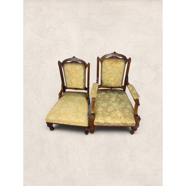 Antique English Eastlake "His and Hers" Walnut Parlor Chairs For Sale - Image 11 of 11