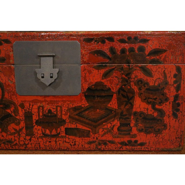 Late 19th Century Chinese Red Lacquer Painted Trunk For Sale - Image 5 of 9