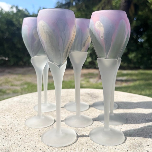 Late 20th Century Art Nouveau Hand Painted Watercolor Frosted Wine Glasses by Reuven - Set of 8 For Sale - Image 4 of 10