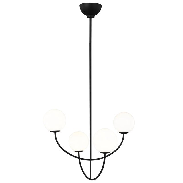 The Galassia four light single tier chandelier by AERIN in midnight black balances glass globes on an elongated frame,...