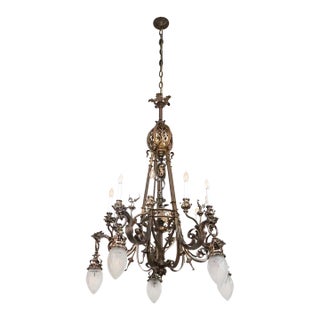 Early 20th Century Cast Bronze Highly Ornate Chandelier With Original Etched Glass Down Shades For Sale