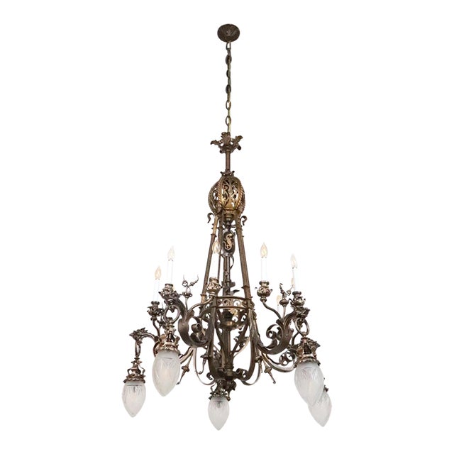 Early 20th Century Cast Bronze Highly Ornate Chandelier With Original Etched Glass Down Shades For Sale