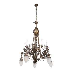 Early 20th Century Cast Bronze Highly Ornate Chandelier With Original Etched Glass Down Shades