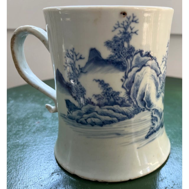Chinoiserie Antique 18th Century Chinese Kangxi Blue & White Export Porcelain Tankard Mug With Rocky Landscape For Sale - Image 3 of 12
