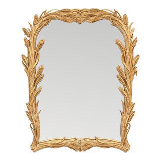 Mid-Century Hollywood Regency Italian Gilt & Cerused Carved Wheat Wall Mirror For Sale