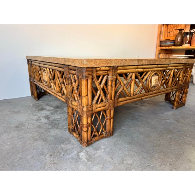 Coffee Vintage Monumental Chinoiserie Fretwork Bamboo & Leather Coffee Table With Tessella Top/Sold For Sale - Image 8 of 12