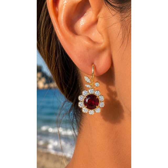 Art Nouveau Garnet Flower and Leaf Drop Earrings, Silver, Gold, Pair For Sale - Image 6 of 6