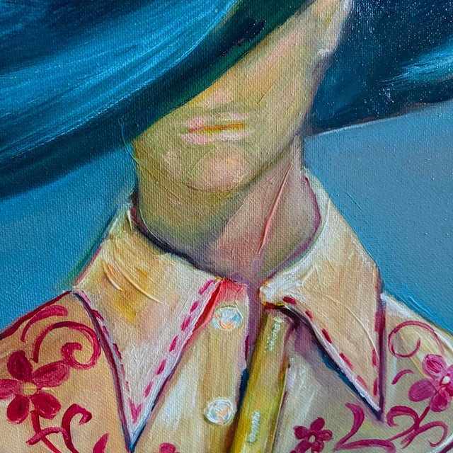 Modern Cowboy Original Oil Painting, Signed, Modern Western Portrait, Blue Hat, Unframed Tatiana Duperault For Sale - Image 3 of 5