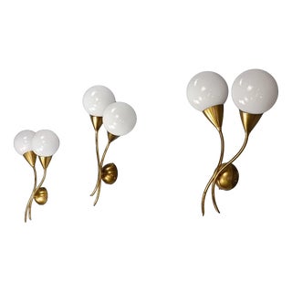 Brass and Glass Wall Lamps, 1950s, Set of 3 For Sale