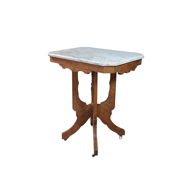 Victorian Antique Victorian Eastlake Walnut Carved Marble Top Parlor End Side Table 26" For Sale - Image 3 of 17