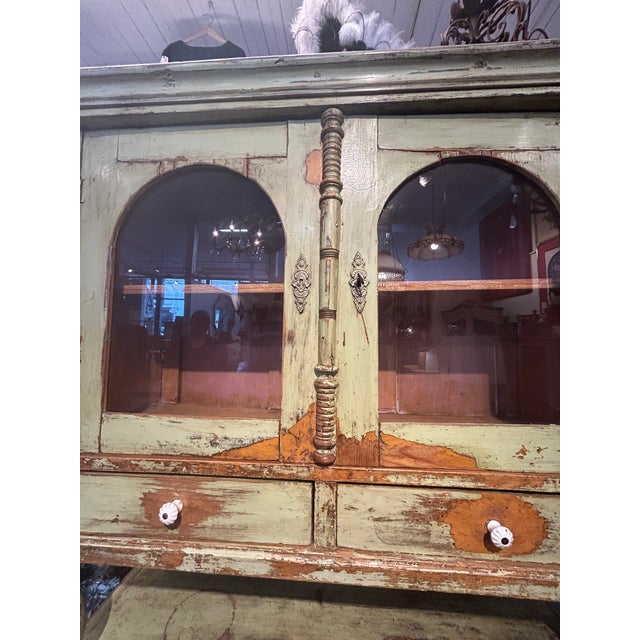 Celadon Antique Country Celadon Green Painted Distressed Stepback Cupboard Cabinet For Sale - Image 8 of 18