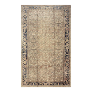1880s Beige Field Traditional Floral Antique Knotted Wool Malayer Gallery Rug
