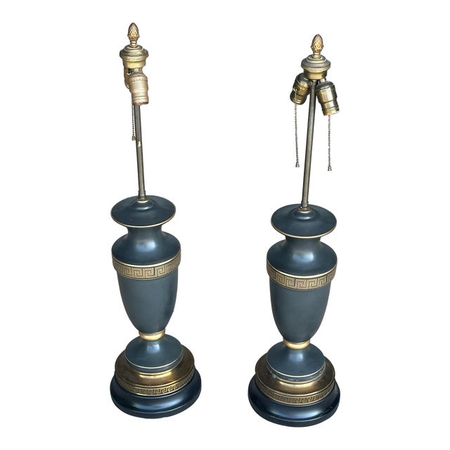 Pair of 1970s Neoclassical Grecian-Style Table Lamps With Brass Accents For Sale