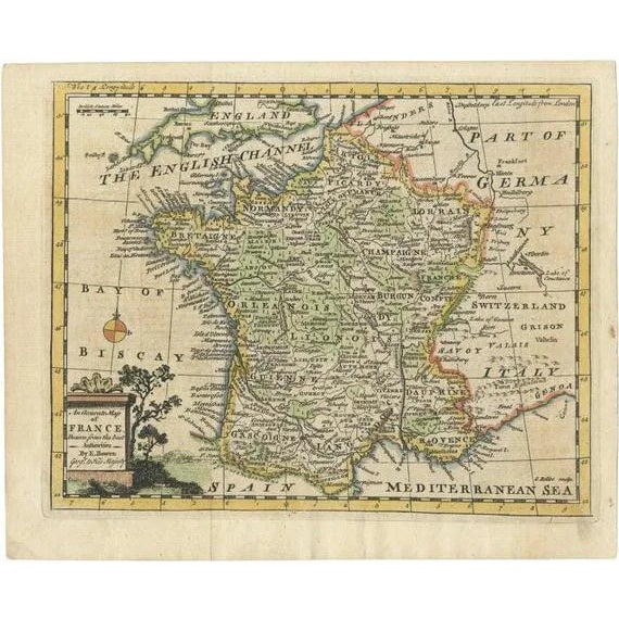 Antique Map of France with the English Channels, 1754 For Sale