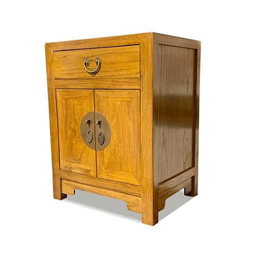 Asian Honey Brown Lacquer Side Table is made out of elm wood. It has 1 drawers, 2 doors, and 1 removable shelf. It is very...