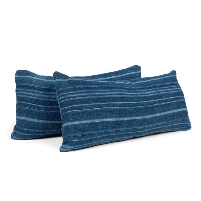 Large Faded Indigo Tone-On-Tone Striped Lumbar Cushion For Sale In Houston - Image 6 of 9