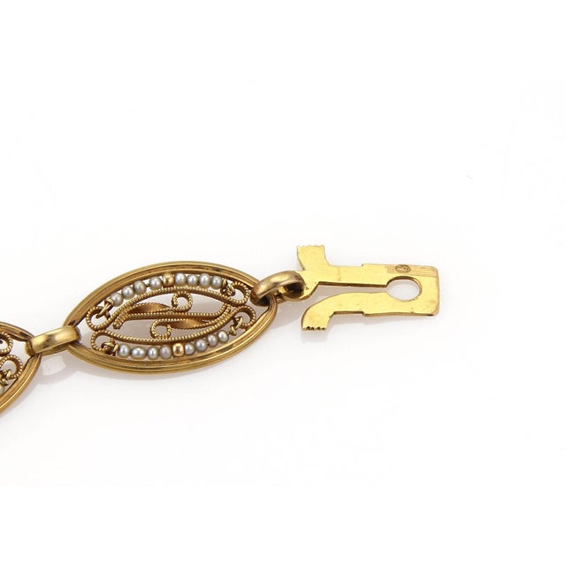 Contemporary Seed Pearls Floral 18k Yellow Gold Fancy Link Pendant Necklace For Sale - Image 3 of 6