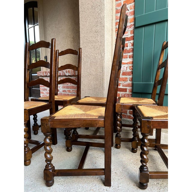 Vintage French Dining Chairs Set 6 Oak Barley Twist Rush Seat Ladder Back For Sale - Image 9 of 18