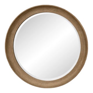 Large Round Mirror With Wide Concave Light Wood Tone Frame and Beveled Glass For Sale