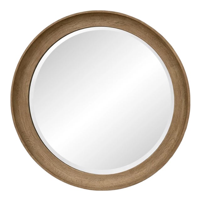 Large Round Mirror With Wide Concave Light Wood Tone Frame and Beveled Glass For Sale