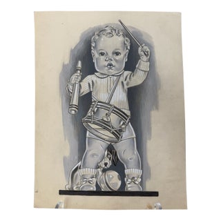 1940s Original Signed Graphite Illustration of Toddler With Drum, Ball and Toy Dog, 11 × 8.25 In. For Sale