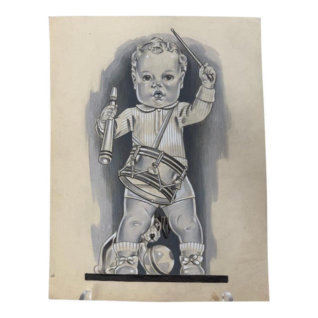 1940s Original Signed Graphite Illustration of Toddler With Drum, Ball and Toy Dog, 11 × 8.25 In. For Sale
