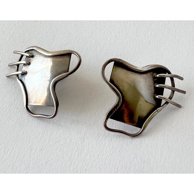 Modern 1950s Carolyn Gleick Rosene Sterling Silver Handmade Amoeba Freeform Earrings For Sale - Image 3 of 6