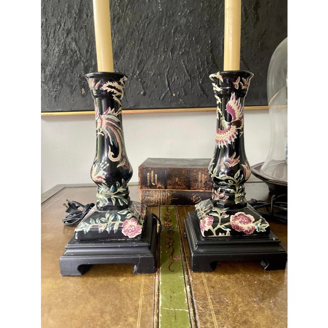 Black Early 20th Century Pair of Vintage Bradburn Gallery Black Chinoiserie Buffet Lamps For Sale - Image 8 of 10
