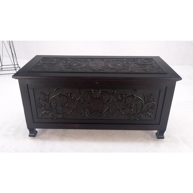 Very Fine Carved Ebonized Mahogany Trunk Hope Chest Dated 1903 Super Clean For Sale - Image 11 of 12