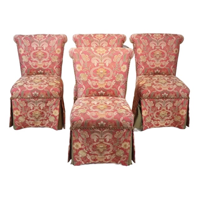 Set of Four Late 20th Century Upholstered Slipper Chairs With Floral Silk Brocade For Sale
