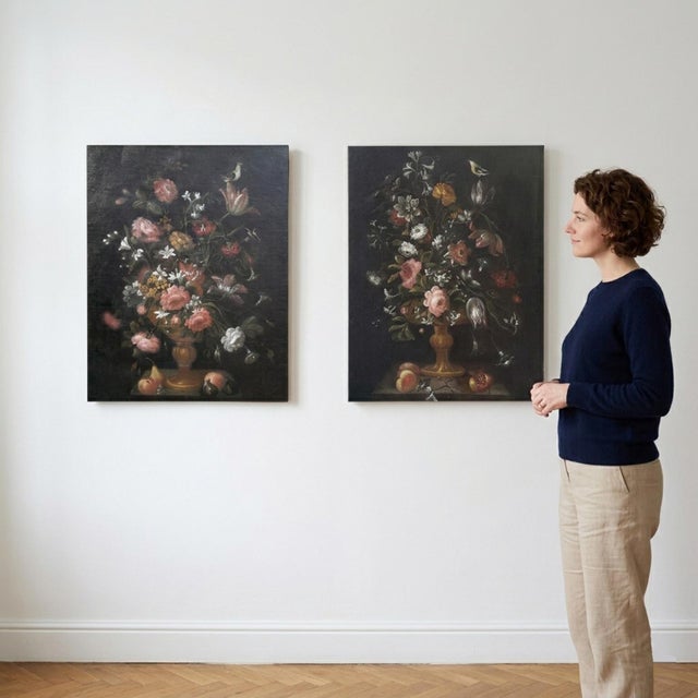 Still Lifes of Flowers, 1800s, Oil Painting on Canvas, Set of 2 For Sale - Image 9 of 11