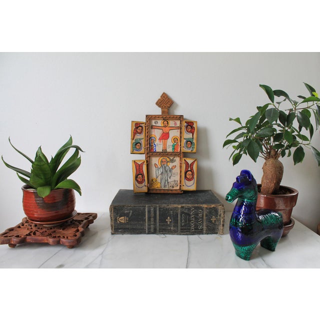 Folk Art Ethiopian Orthodox Coptic Triptych Icon Hand Painted Crucifixion & Resurrection Scene For Sale - Image 3 of 13