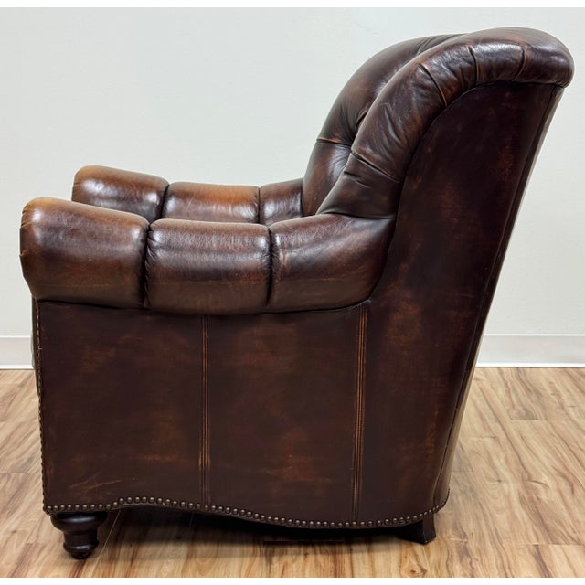 Vintage Bernhardt Tufted Leather Writers Chair With Ottoman For Sale In Kansas City - Image 6 of 18