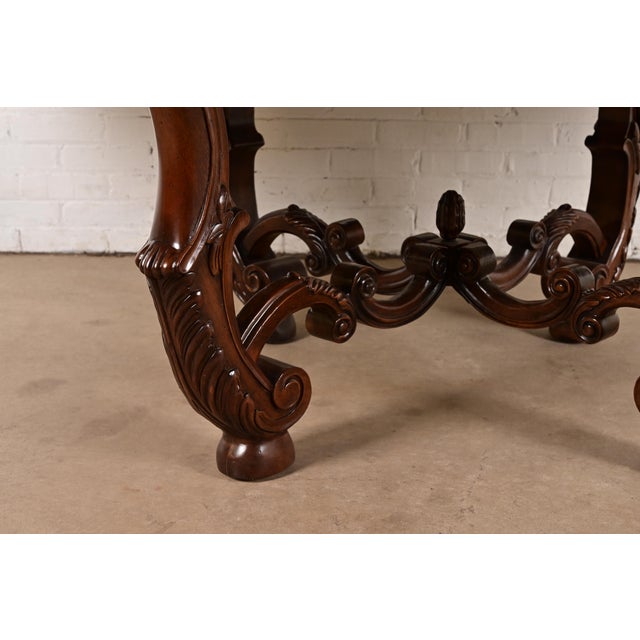 Henredon Italian Provincial Carved Walnut and Burl Wood Pedestal Extension Dining Table, Newly Refinished For Sale - Image 11 of 14