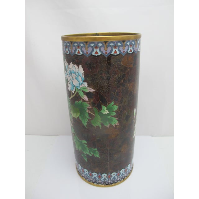 Mid 20th Century Large Cloisonne Enamel Flower & Butterfly Vase or Umbrella Stand For Sale - Image 5 of 12