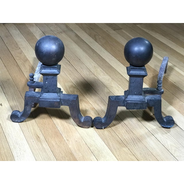 Early 20th Century Vintage Federal Style Brass Cannonball Andirons—A Pair For Sale - Image 5 of 5