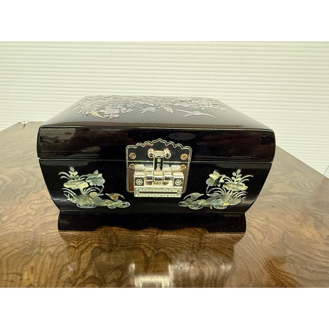 Late 20th Century Korean Black Lacquer + Mother of Pearl Locking Jewelry Box, Small For Sale - Image 5 of 12