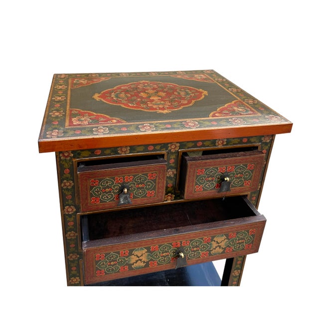 2020s Red Black Tan Tibetan Floral End Side Table Nightstand Cabinet For Sale - Image 5 of 7