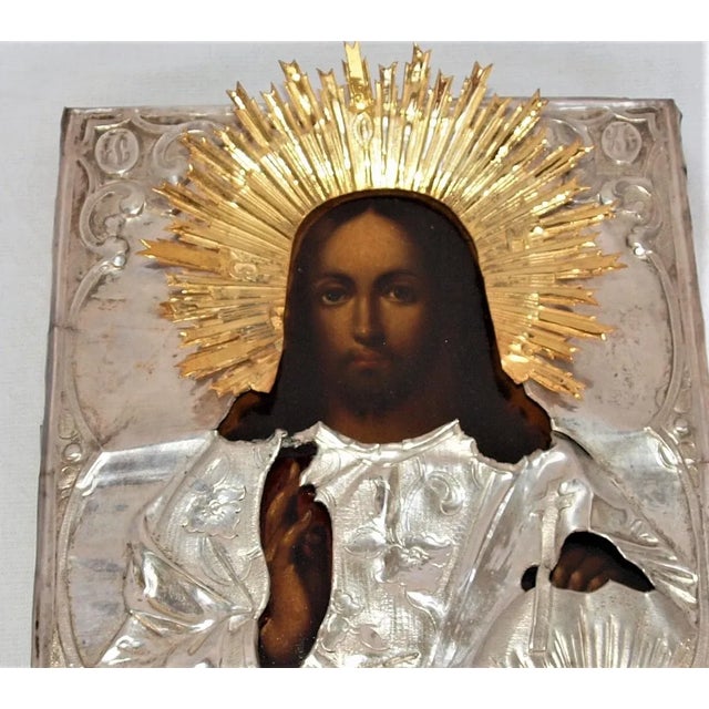 Antique Hand Painted Icon Sterling Silver Encased Frame For Sale - Image 4 of 8