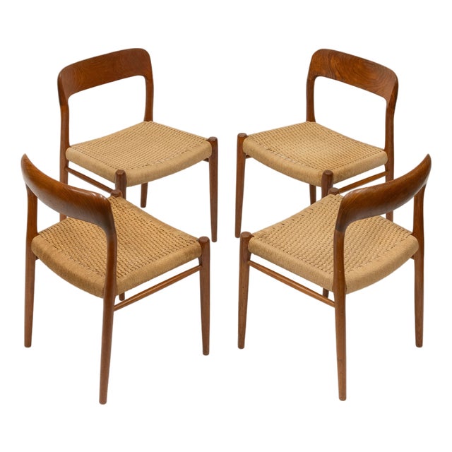 Teak and Cord Model 75 Dining Chairs by Niels Møller J.L. Møllers, 1960s, Set of 4 For Sale