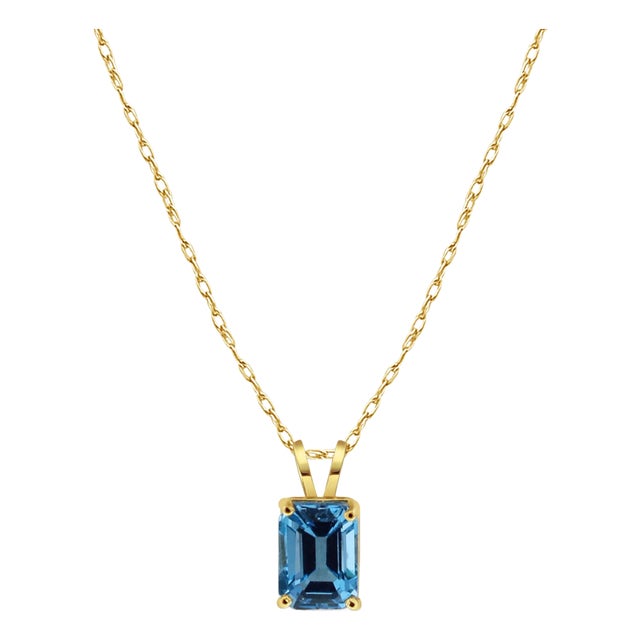 Emerald Cut London Blue Topaz Pendant 14k Yellow Gold 16" For Sale