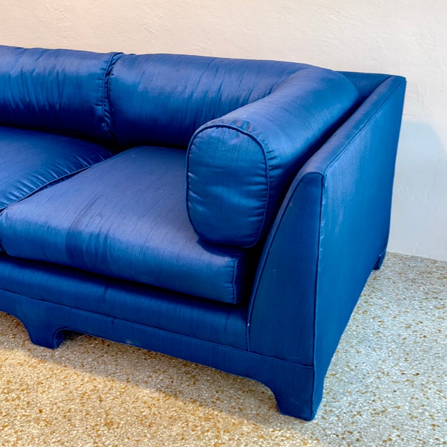 Textile 1980s Art Deco Chinoiserie Style Royal Blue Allover Upholstered 3-Seater Sofa For Sale - Image 7 of 16