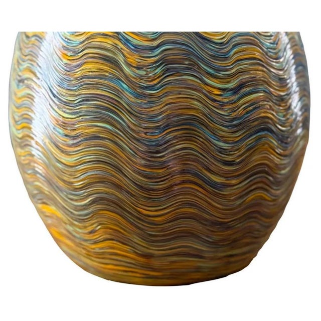 1980s Large Hand-Blown Iridescent Studio Art Glass Vase - Pulled Feather Design For Sale - Image 15 of 17