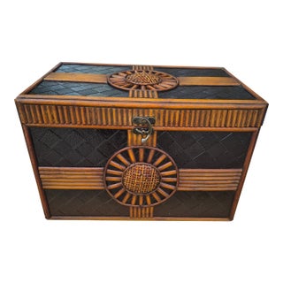 Mid 20th Century Bohemian Woven Bamboo and Rattan Decorative Storage Chest With Sunburst Motif For Sale