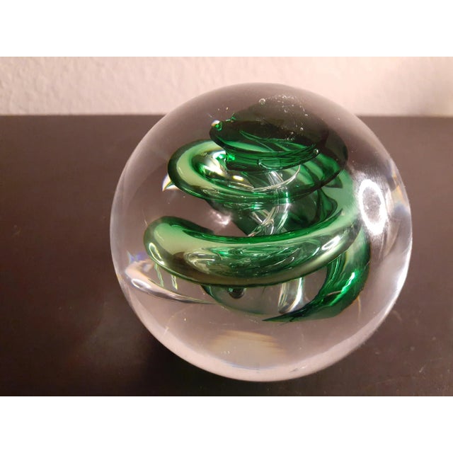 Glass Vintage Signed Polish Crystal Green Swirl Art Glass Paper Weight For Sale - Image 7 of 7